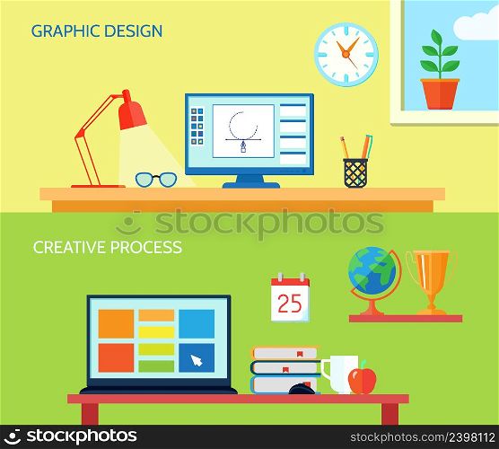 Graphic designer workspace horizontal banner set with creative process interior elements isolated vector illustration. Workspace Banner Set