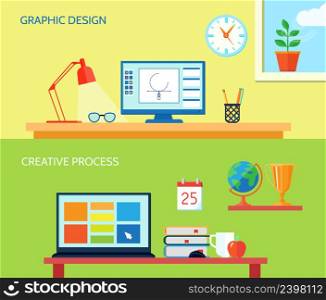 Graphic designer workspace horizontal banner set with creative process interior elements isolated vector illustration. Workspace Banner Set
