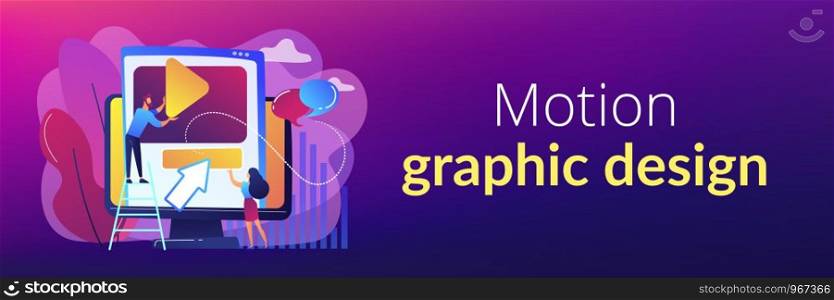 Graphic designers at computer screen creating and uploading video. Motion graphic design, video production service, motion designer work concept. Header or footer banner template with copy space.. Motion graphic design concept banner header.