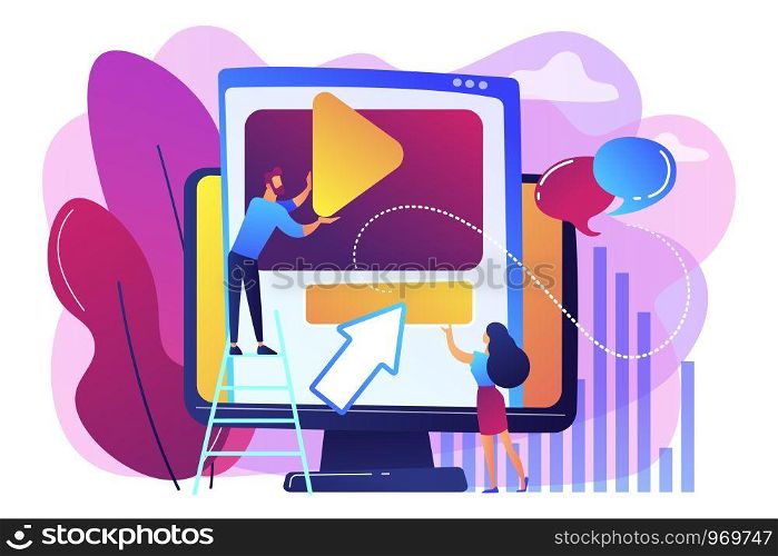 Graphic designers at computer screen creating and uploading video. Motion graphic design, video production service, motion designer work concept. Bright vibrant violet vector isolated illustration. Motion graphic design concept vector illustration.