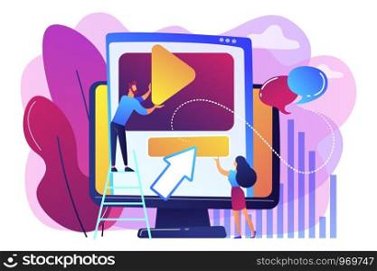 Graphic designers at computer screen creating and uploading video. Motion graphic design, video production service, motion designer work concept. Bright vibrant violet vector isolated illustration. Motion graphic design concept vector illustration.