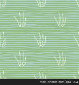 Graphic doodle grasss seamless pattern on stripe background. Nature organic botanical wallpaper. Design for fabric, textile print, wrapping, cover. Simple vector illustration.. Graphic doodle grasss seamless pattern on stripe background.