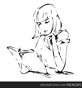 Graphic drawing of a girl reading a book. Vector illustration.