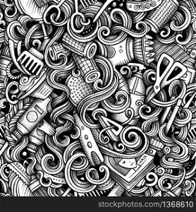 Graphic Hair salon hand drawn artistic doodles seamless pattern. Monochrome, detailed, with lots of objects vector trace background. Graphic Hair salon artistic doodles seamless pattern