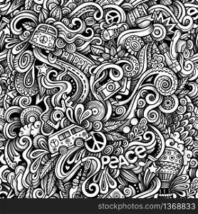 Graphic Hippie hand drawn artistic doodles seamless pattern. Monochrome, detailed, with lots of objects vector trace background. Graphic Hippie hand drawn artistic doodles seamless pattern