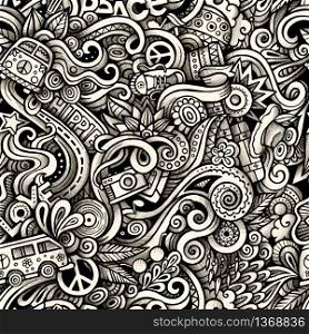 Graphic Hippie hand drawn artistic doodles seamless pattern. Monochrome, detailed, with lots of objects vector trace background. Graphic Hippie hand drawn artistic doodles seamless pattern