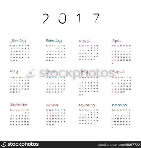 Graphic illustration of a full calendar of the year 2017 with original hand drawn colored text over white