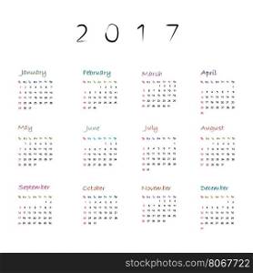 Graphic illustration of a full calendar of the year 2017 with original hand drawn colored text over white