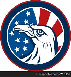 graphic illustration of an American eagle with stars and stripes flag set inside a circle on white background. American eagle with stars and stripes flag