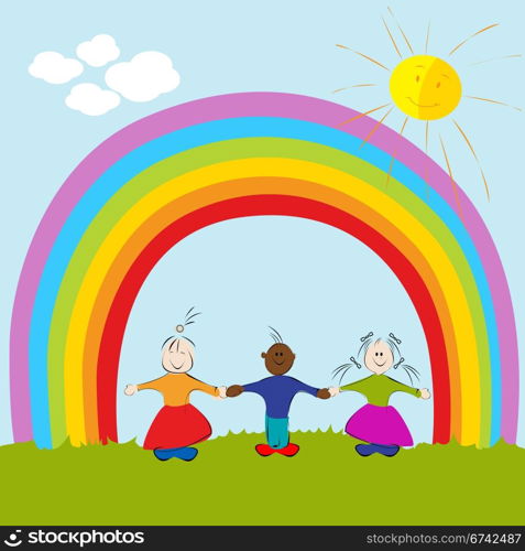 Graphic illustration of kids on rainbow background