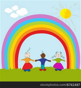 Graphic illustration of kids on rainbow background