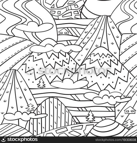 Graphic mountain landscape. Black and white seamless pattern. Coloring book.