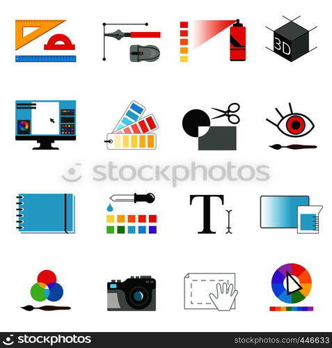 Graphic or web designers tools. Different working elements for graphical artists. Vector pictures set isolate. Digital tools and equipment, monitor computer illustration. Graphic or web designers tools. Different working elements for graphical artists. Vector pictures set isolate