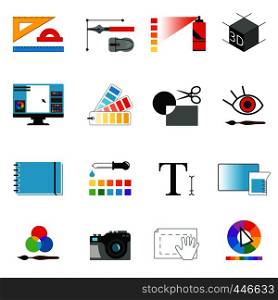 Graphic or web designers tools. Different working elements for graphical artists. Vector pictures set isolate. Digital tools and equipment, monitor computer illustration. Graphic or web designers tools. Different working elements for graphical artists. Vector pictures set isolate