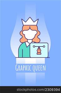 Graphic queen greeting card with color icon element. Professional greetings. Postcard vector design. Decorative flyer with creative illustration. Notecard with congratulatory message on blue. Graphic queen greeting card with color icon element