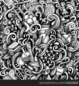 Graphic Science hand drawn artistic doodles seamless pattern. Monochrome, detailed, with lots of objects vector trace background. Graphic Science hand drawn artistic doodles seamless pattern