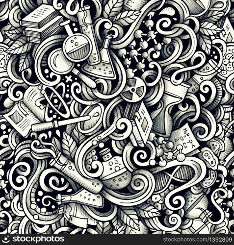 Graphic Science hand drawn artistic doodles seamless pattern. Monochrome, detailed, with lots of objects vector trace background. Graphic Science hand drawn artistic doodles seamless pattern