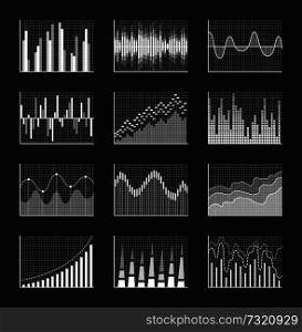 Graphic set on black background, rising and falling business graphics collection, with frames and lines and dots, isolated on vector illustration. Graphic Set on Black Poster Vector Illustration