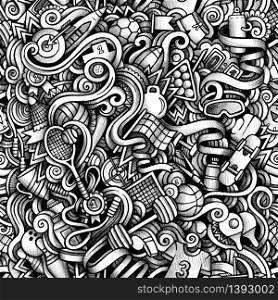 Graphic Sport hand drawn artistic doodles seamless pattern. Monochrome, detailed, with lots of objects vector trace background. Graphic Sport hand drawn artistic doodles seamless pattern