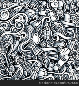 Graphic Sport hand drawn artistic doodles seamless pattern. Monochrome, detailed, with lots of objects vector trace background. Graphic Sport hand drawn artistic doodles seamless pattern