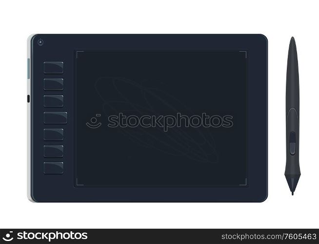 Graphic tablet with stylus pen. Vector 3D designer pad for digital drawing, artist design computer tool, isolated realistic black graphic tablet device with touchpad screen and buttons. Designer graphic tablet with digital stylus pen