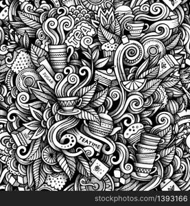 Graphic Tea time hand drawn artistic doodles seamless pattern. Monochrome, detailed, with lots of objects vector trace background. Graphic Tea time hand drawn artistic doodles seamless pattern