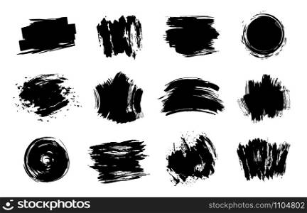Graphic texture elements. Grunge stroke, artistic texture brush strokes, dirty line design element vector isolated set. Collection of black stains and smears. Gouache brushpaints on white background. Graphic texture elements. Grunge stroke, artistic texture brush strokes, dirty line design element vector isolated set. Different black swatches on white background. Messy blots and spots