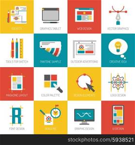 Graphic web and font design flat icons set isolated vector illustration. Graphic Design Icons