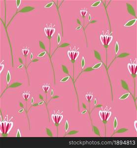 Graphic wildflower seamless pattern on pink background. Abstract botanical design. Elegant floral ornament. Nature wallpaper. For fabric, textile print, wrapping, cover. Vector illustration. Graphic wildflower seamless pattern on pink background.