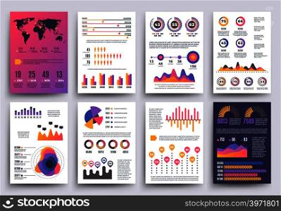Graphical business report vector template with modern style charts and graphs. Info chart template of set, colored infographic chart and graph illustration. Graphical business report vector template with modern style charts and graphs