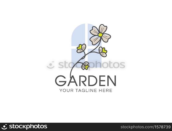 Graphical flower and windows illustration. flower line art pattern background vector. green flower