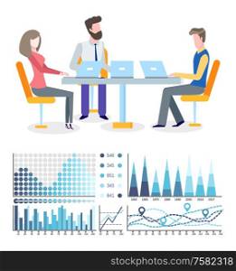 Graphics and flowcharts, business growth and teamwork vector. Woman and men at round table with laptops, income increase brainstorming, charts and diagrams. Business Growth Graphics and Flowcharts, Teamwork