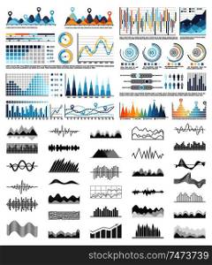 Graphics and flowcharts, schemes and charts set vector. Monochrome sketches outline of infocharts and infographics. Pie diagrams and numbers figures. Graphics and Flowcharts, Schemes and Charts Set