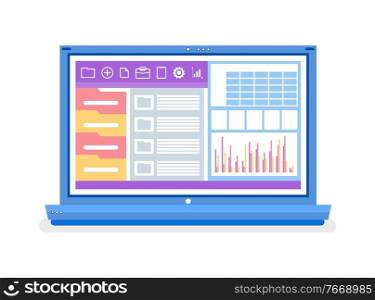 Graphics and folders, laptop with open website vector. Charts and schemes, business software and data, computer and working tools, isolated object. Laptop with Open Website, Graphics and Folders