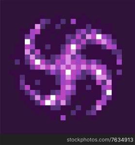Graphics of 8 bit pixel game, isolated icon of black hole celestial body of rounded shape with rays, circle of purple color, gaming element flat style. Pixeleted object for video-game or app 8bit game. Black Hole Celestial Body Pixel Game Graphics