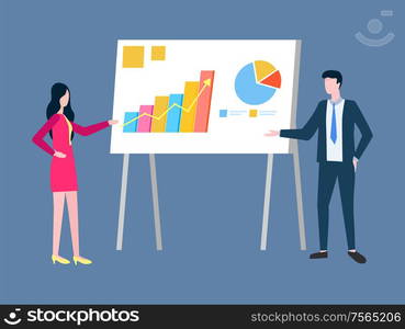 Graphics on presentation, business statistics data vector. Growth graph and diagram on board, businessman and businesswoman, analysis and discussion. Graphics on Presentation, Business Statistics Data