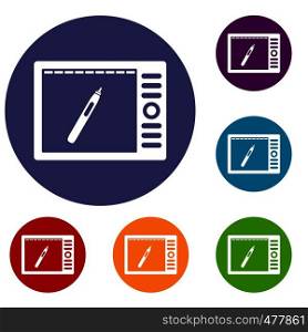 Graphics tablet icons set in flat circle red, blue and green color for web. Graphics tablet icons set