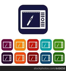 Graphics tablet icons set vector illustration in flat style In colors red, blue, green and other. Graphics tablet icons set flat
