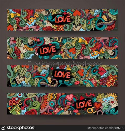 Graphics vector hand-drawn Love and Valentines Doodle. Horizontal colorful banners design templates set. Graphics vector hand-drawn Love and Valentines Doodle.