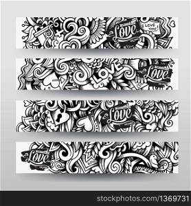 Graphics vector hand-drawn sketchy trace Love Doodle. Horizontal banners design templates set. Graphics vector hand-drawn sketchy trace Love Doodle.