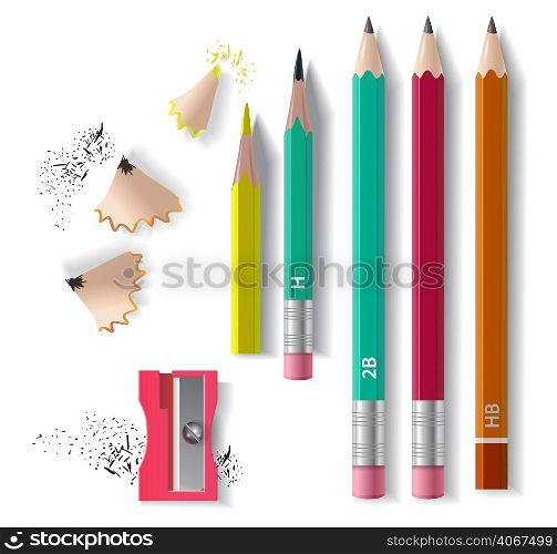 Graphite pencils set, sharpener and sharpening shavings. Design element. For banners, posters, leaflets and brochures.