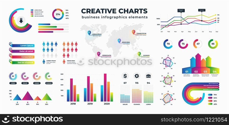 Graphs and charts. Business statistics for data and finance analysis, collection of information visualization. Vector schemes diagrams and bar charts set circular and column type. Graphs and charts. Business statistics for data and finance analysis, collection of information visualization. Vector schemes diagrams and bar charts set