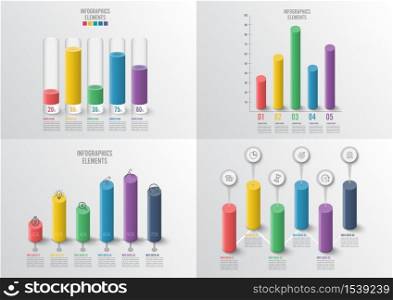 Graphs and charts set. Statistic and data, iInfographic business concept with 4, 5 options For content, diagram, flowchart, steps, parts, timeline infographics, workflow, chart. vector illustration.