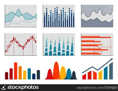 Graphs colorful representation, poster with graphics and information, business graphs and charts set, vector illustration isolated on white background. Graphs Colorful Representation Vector Illustration