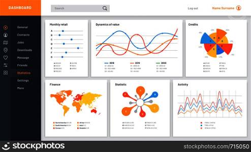 Graphs dashboard. Infographic data chart, web site admin panel and finance charts. Website analytical data diagram dashboard interface vector template. Graphs dashboard. Infographic data chart, web site admin panel and finance charts vector template