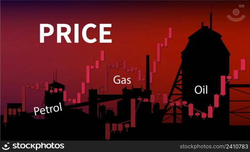 Graphs of rising price of gas, oil and gasoline in upward trend on red background with oil shale processing plant silhouette. World crisis and collapse. Banner for news. Vector illustration.. Graphs of rising price of gas, oil and gasoline in upward trend on red background with oil shale processing plant silhouette. World crisis and collapse. Banner for news.