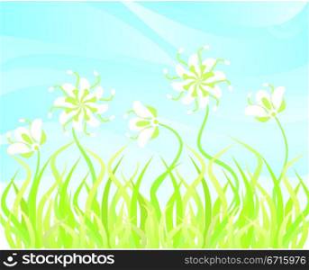 Grass and flowers on a background of the sky, vector