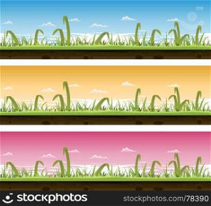 Grass And Lawn Landscape Set . Illustration of a set of seamless horizontal spring or summer landscapes with green blades of grass layers, thin and big leaves and ground soil view for ui game