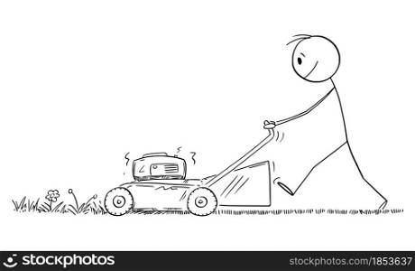Grass cutting on garden, man using lawn mower, vector cartoon stick figure or character illustration.. Man Using Lawn Mower to Cut the Grass on Garden, Vector Cartoon Stick Figure Illustration