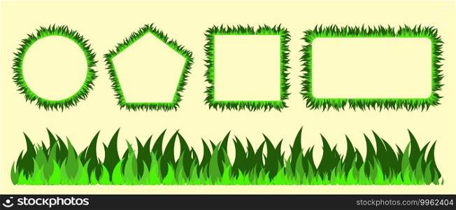 Grass frame set. Lawn border collection in different shapes. Green foliage blades design in line, square, rectangle and circle backgrounds. Vector illustration with copy space.